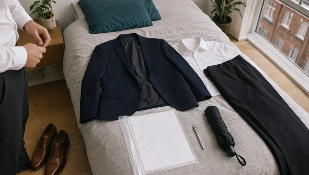 面接の服装として、ベッドの上に用意したネイビーのジャケット、白シャツ、パンツ、白紙の書類とペン、折りたたみ傘と革靴