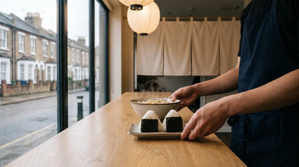 ロンドンの日本食レストランで、カウンターにうどんとおにぎりを出すスタッフの手元