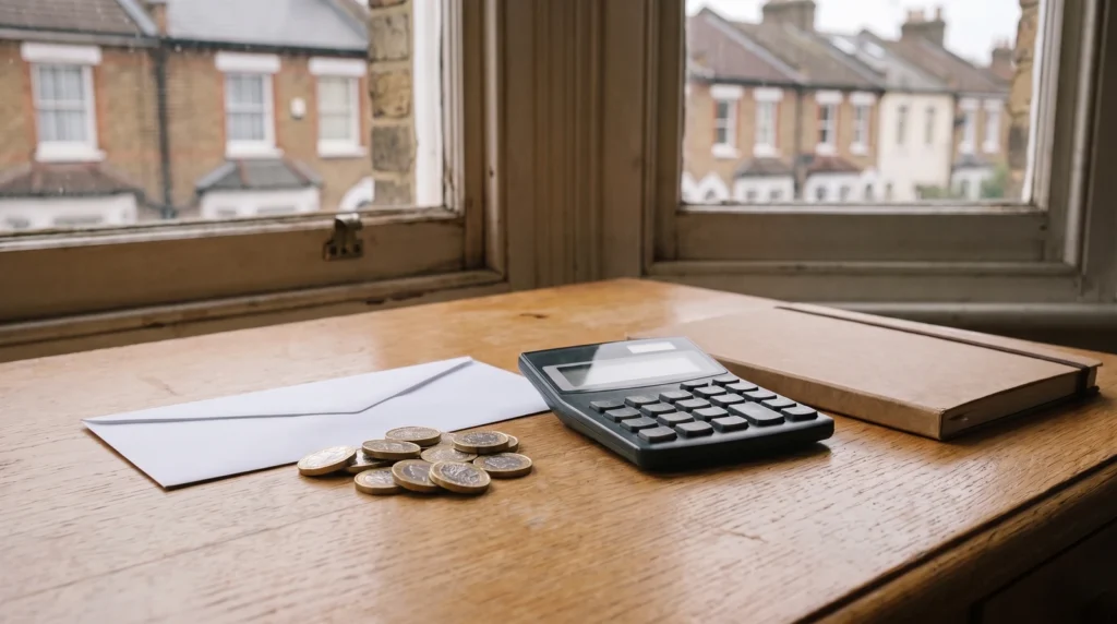 ポンド硬貨と給与明細の封筒、電卓とノートを置いたロンドンのフラットの机