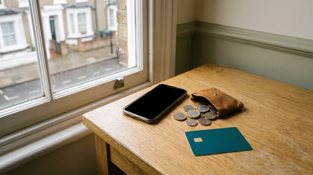 ロンドンのフラットの窓辺の机に置いたスマホと、ポンドと外貨の硬貨がこぼれる革の小銭入れ、無地のカード