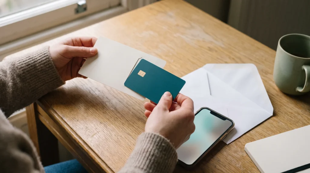届いたばかりの無地のデビットカードを台紙から外す手元と、机の上のスマホと開いた封筒