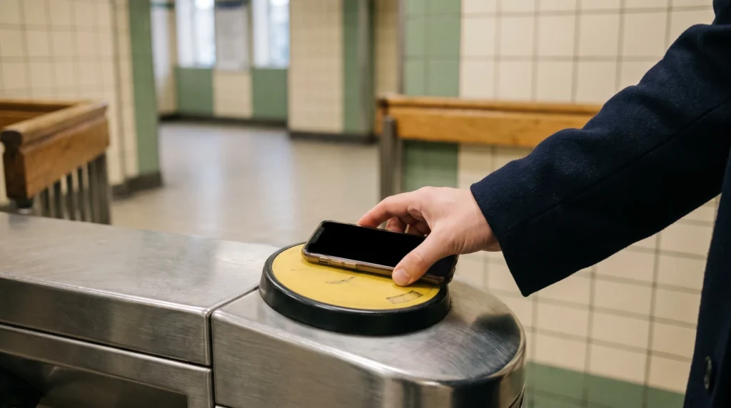 ロンドン地下鉄の改札で、黄色いカード読み取り機にスマホを重ねてタッチ決済する手元