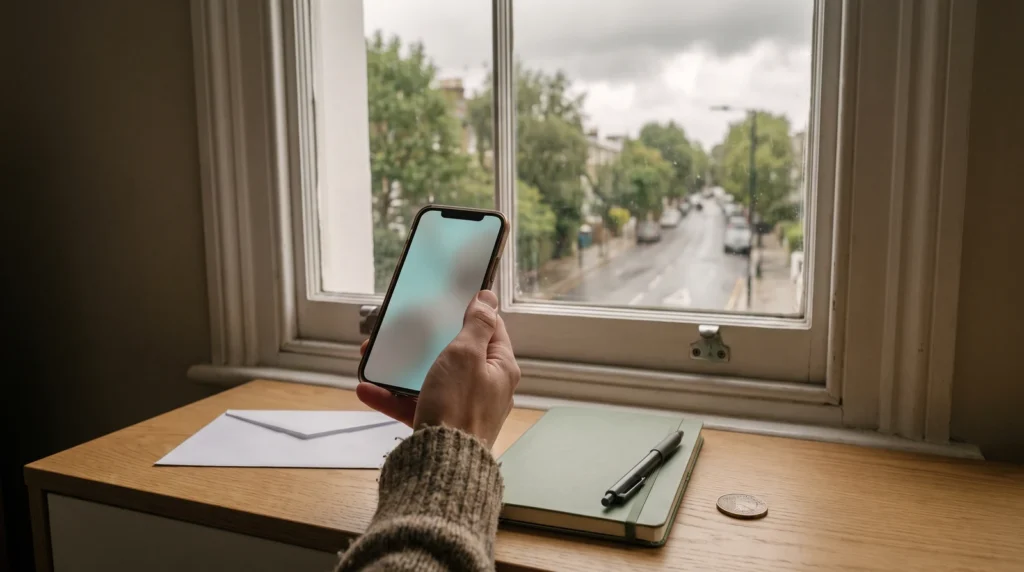 雨のロンドンの通りが見える窓辺でスマホを持つ手元と、封筒と緑のノートとペン
