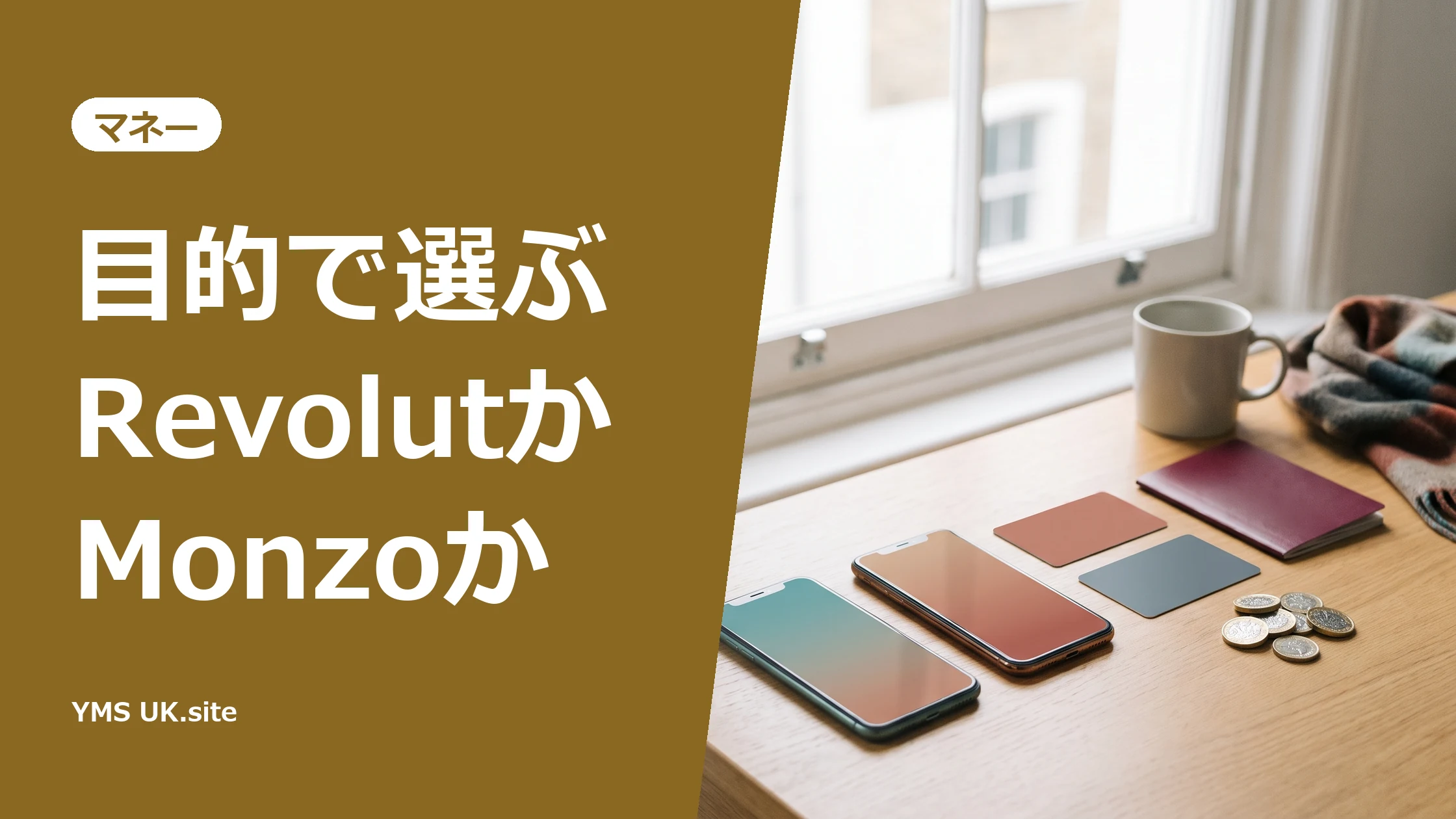 窓辺の木の机に並べた2台のスマホと2色の無地のカード、パスポートとポンド硬貨（RevolutとMonzoの比較）
