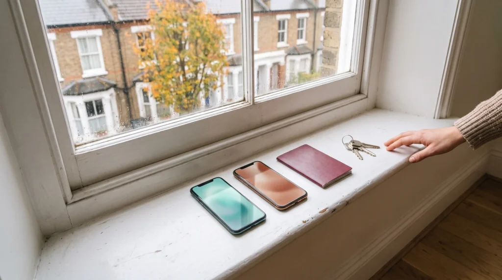 ロンドンのテラスハウスが見える窓辺に並べた2台のスマホとパスポート、部屋の鍵に手を伸ばす手元