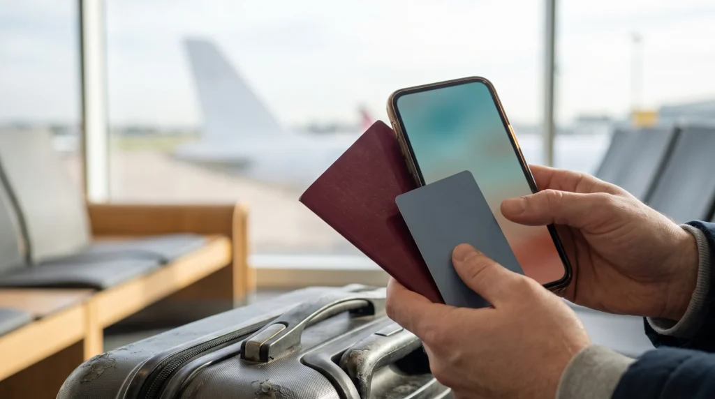 ロンドンの空港の搭乗口で、パスポートと無地のカード、スマホを手に持つ手元とスーツケース