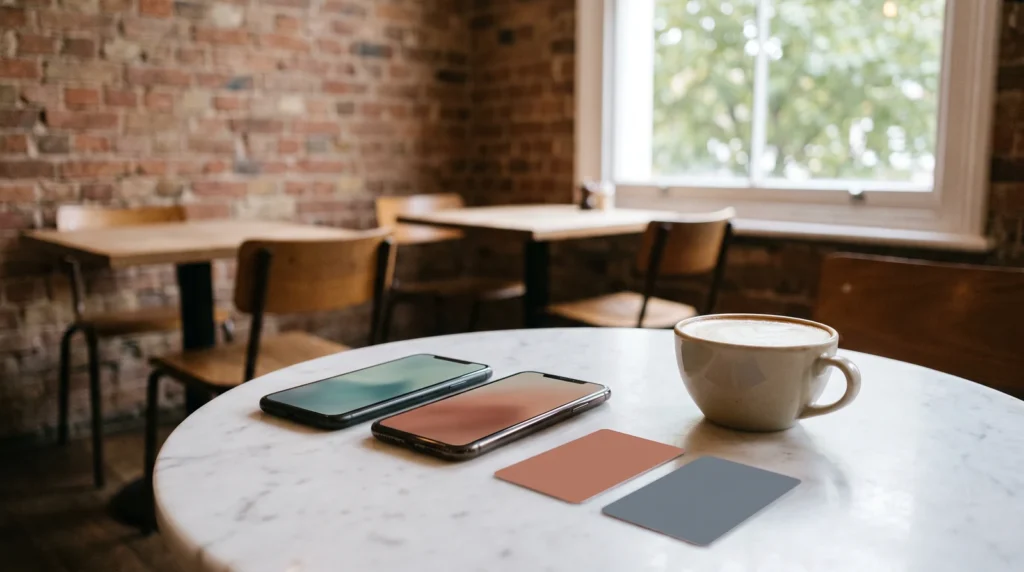 レンガ壁のカフェの大理石のテーブルに並べた2台のスマホと、テラコッタ色とグレーの無地のカード、カフェラテ