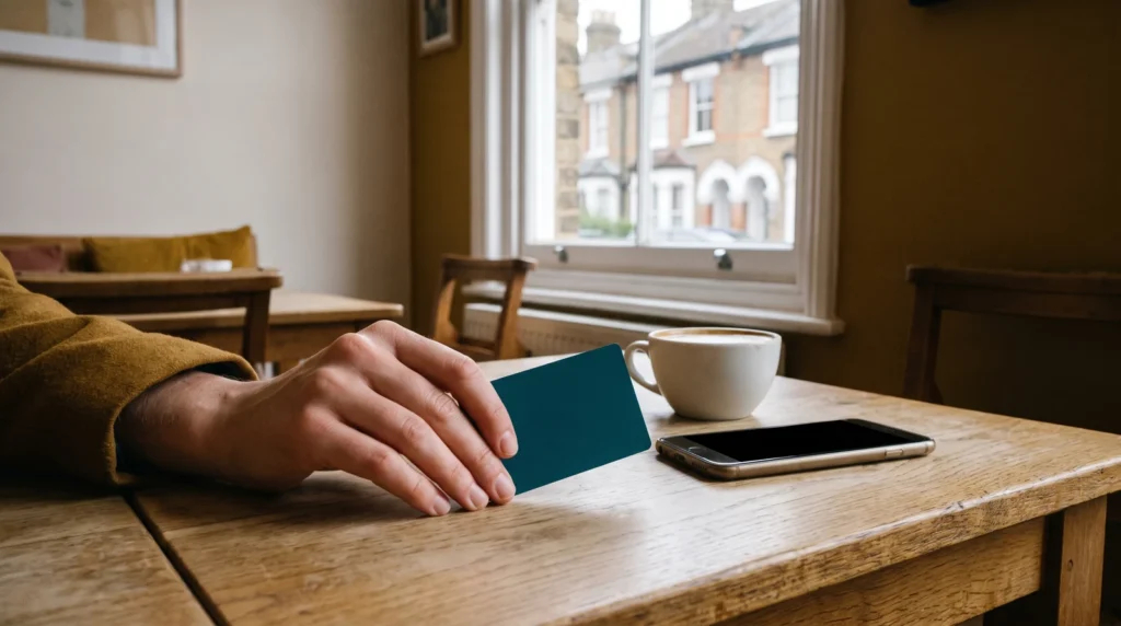 ロンドンのカフェの窓際で、無地のデビットカードを手にし、スマホとカフェラテを置いたテーブル