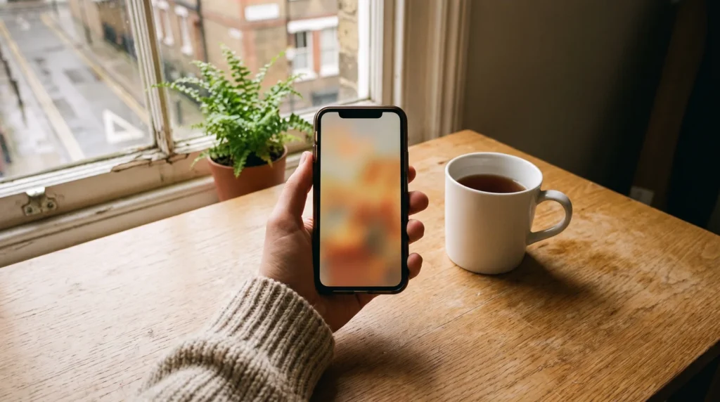 ロンドンのフラットの窓辺の机で、ニットの袖から伸びた片手でスマホを持つ手元と紅茶のマグ
