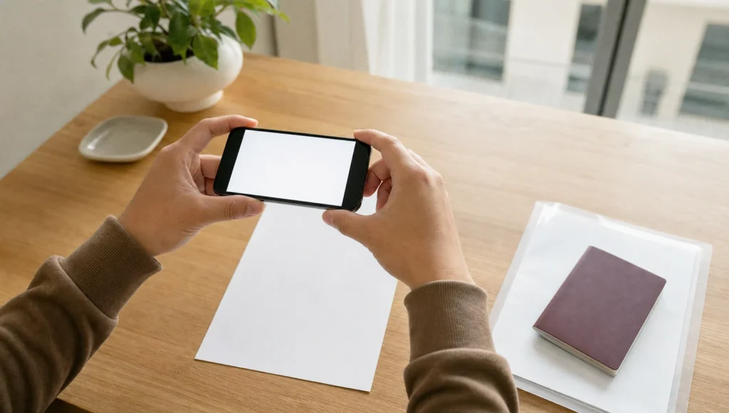 書類をスマホで撮影してアップロード用に準備する手元と、クリアファイルのパスポート