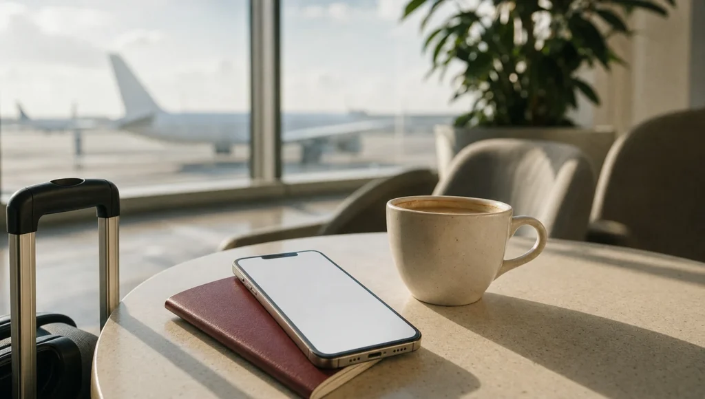 空港ラウンジの机に重ねたパスポートとスマホ、渡航前にeVisaを確認する場面