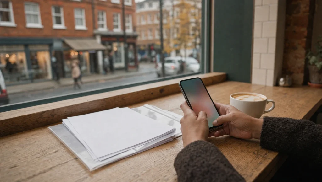 ロンドンの商店街が見えるカフェの窓際で、スマホで求人を探す手元と印刷したCVの束